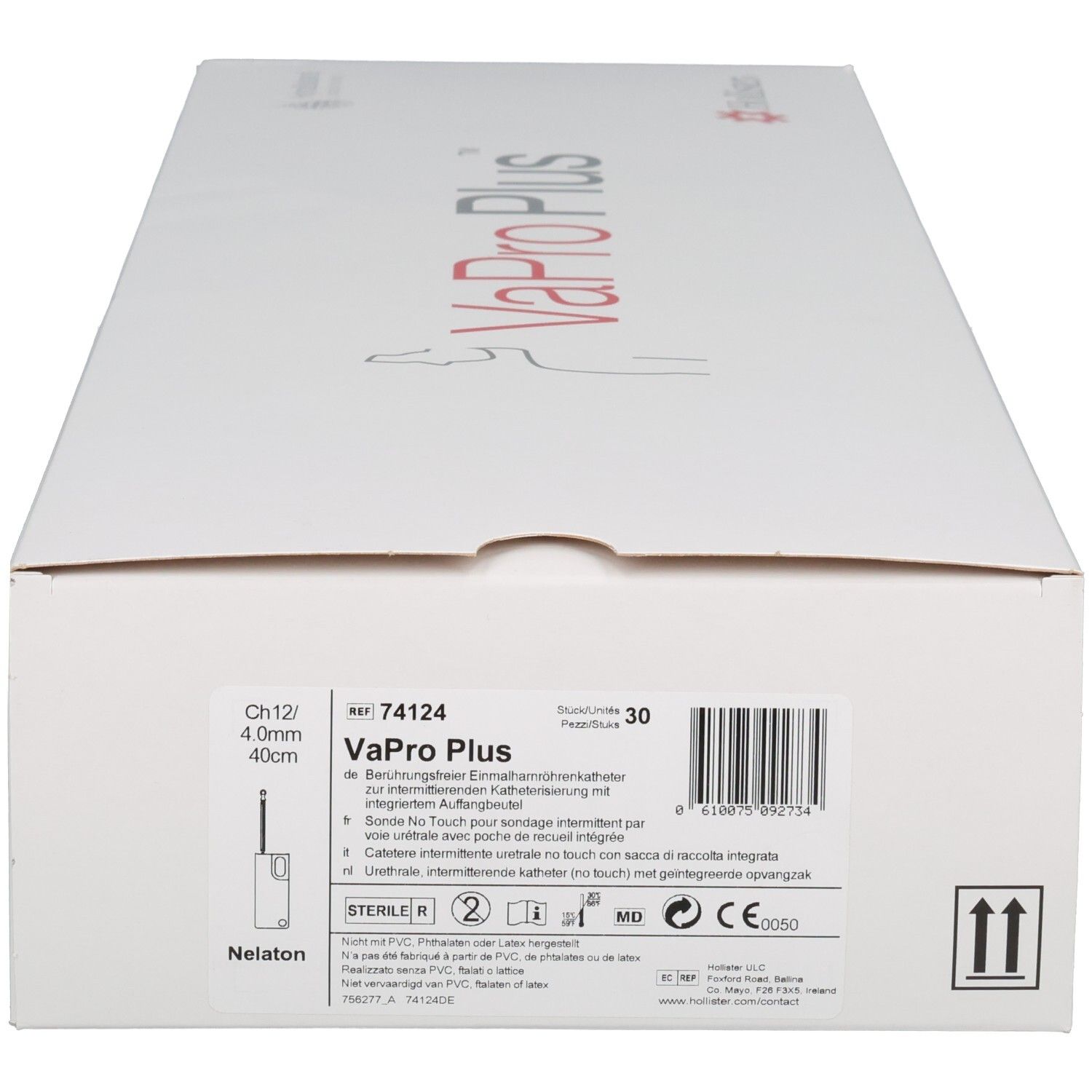 Witte verpakking met productnaam VaPro Plus en informatie. Opschrift: CH12/4.0mm/40cm, Nelaton, CE-markering.