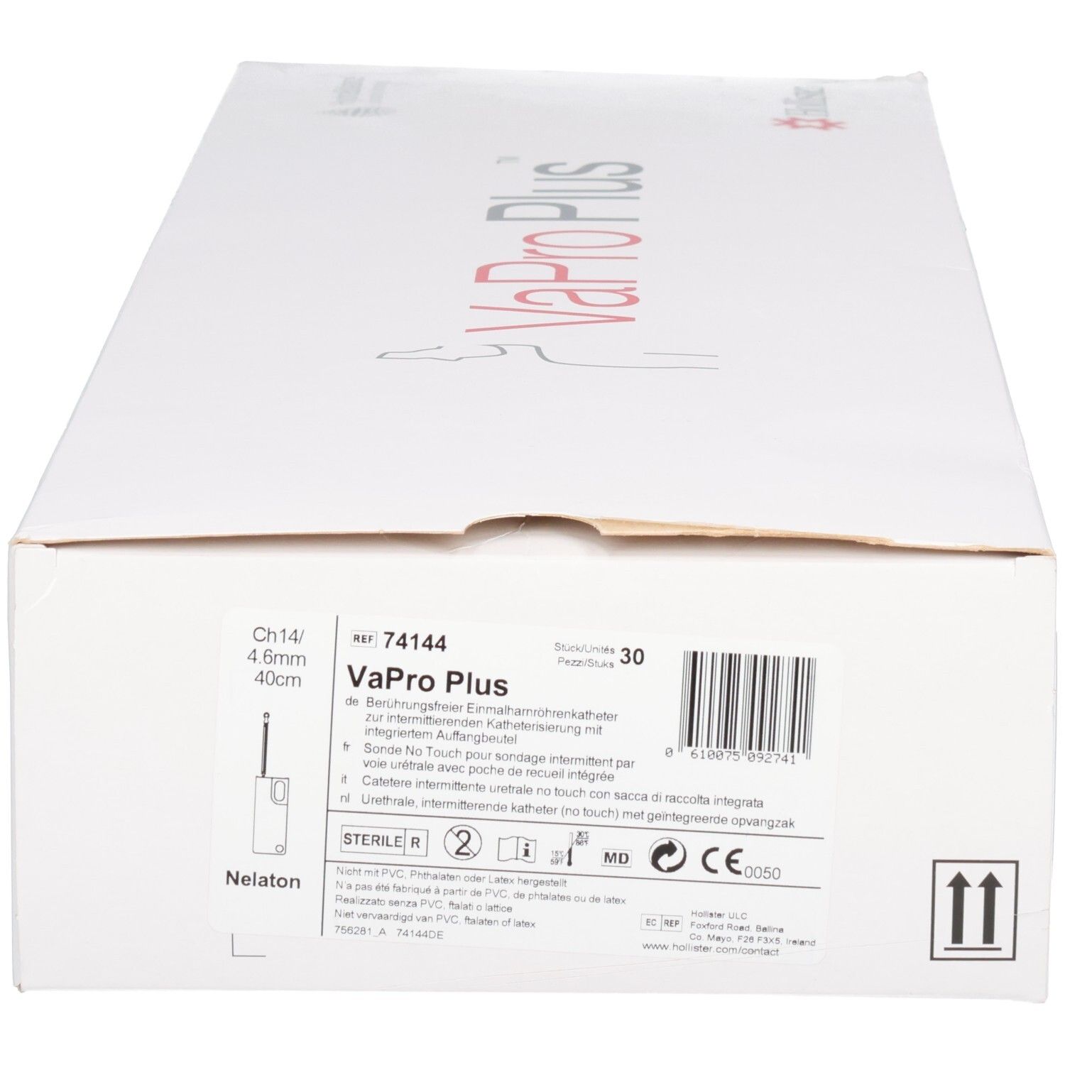 Verpakking van de Hollister VaPro Plus katheter met artikelnummer, maat en CE-markering.
