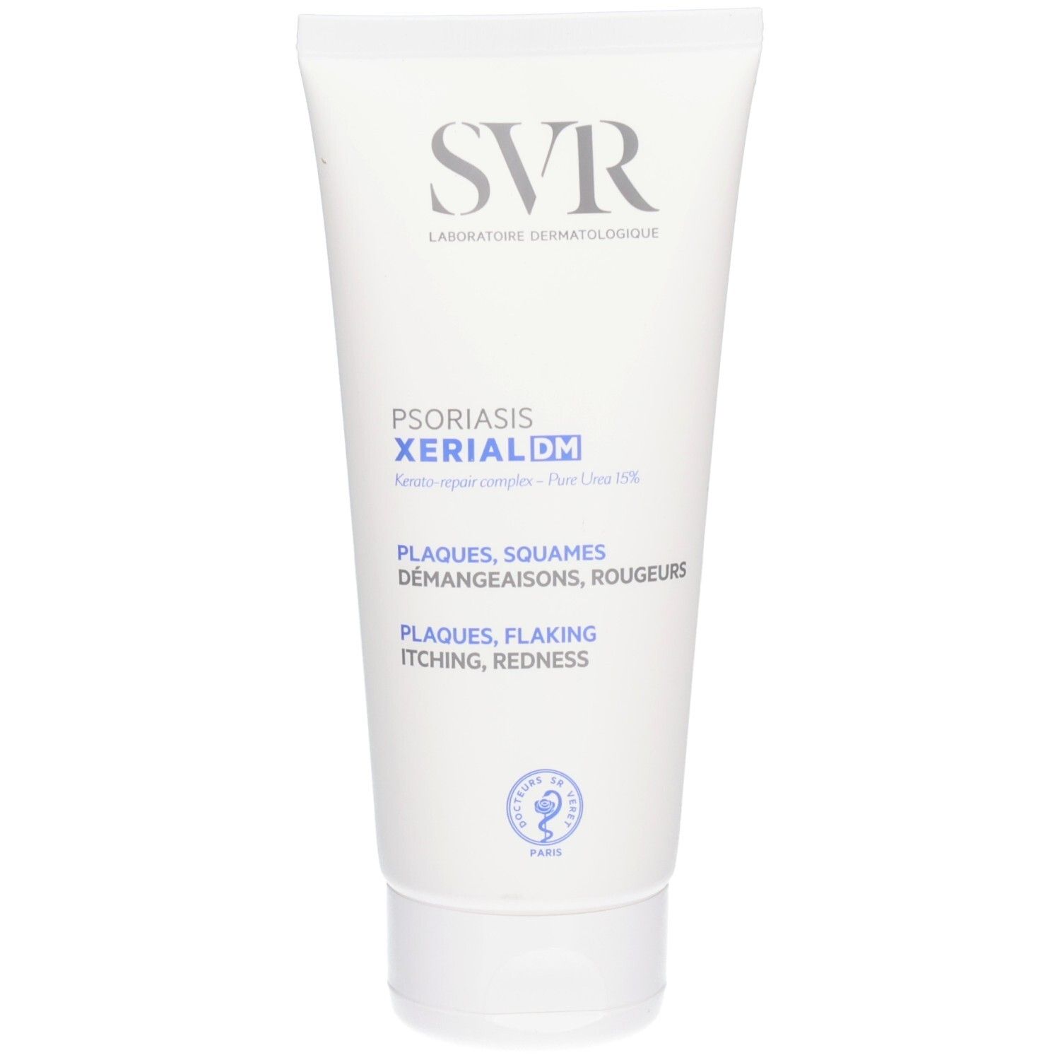 Witte tube SVR XERIAL DM Psoriasis. Tekst: Plaques, Squames, Démangeaisons, Rougeurs. Dermatologisch logo.