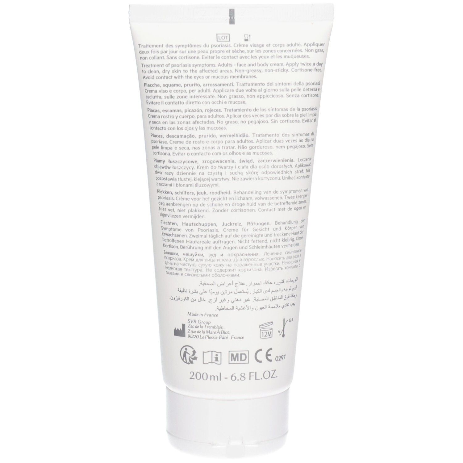 Achterkant van de tube. Meertalige tekst. Gebruiksaanwijzing en ingrediënten. Volume: 200ml.