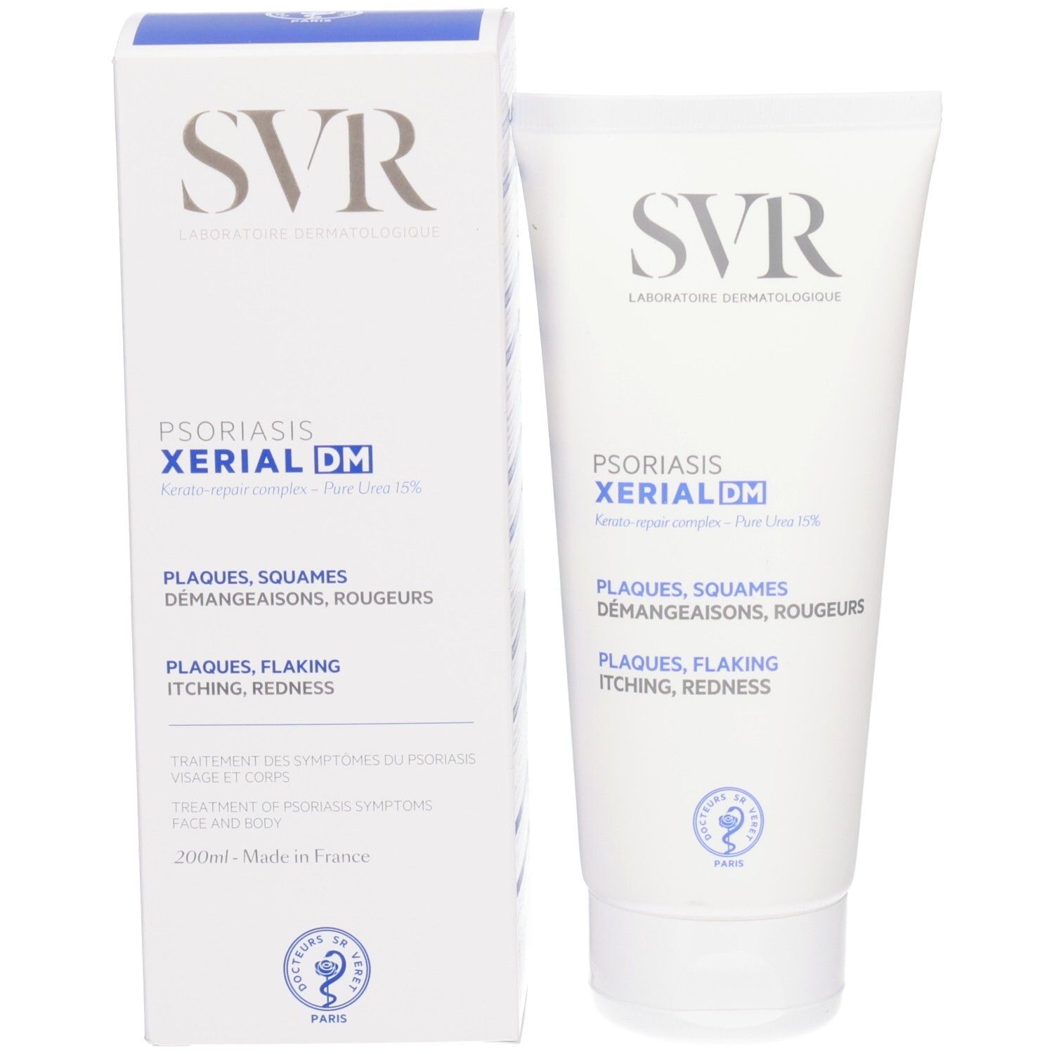 Product en verpakking. Witte tube en doos SVR XERIAL DM Psoriasis. Tekst: Plaques, Squames, Démangeaisons, Rougeurs.