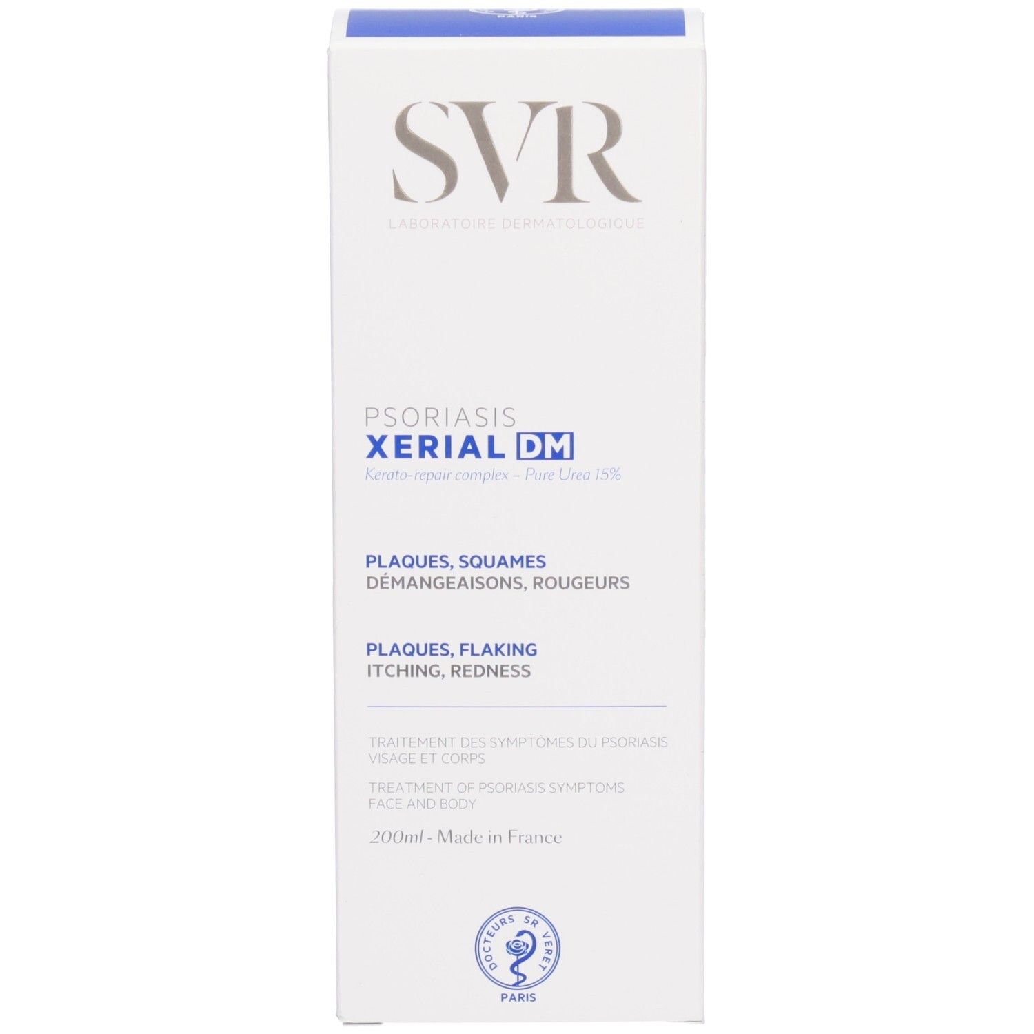 Witte doos SVR XERIAL DM Psoriasis. Tekst: Plaques, Squames, Démangeaisons, Rougeurs. Dermatologisch logo.