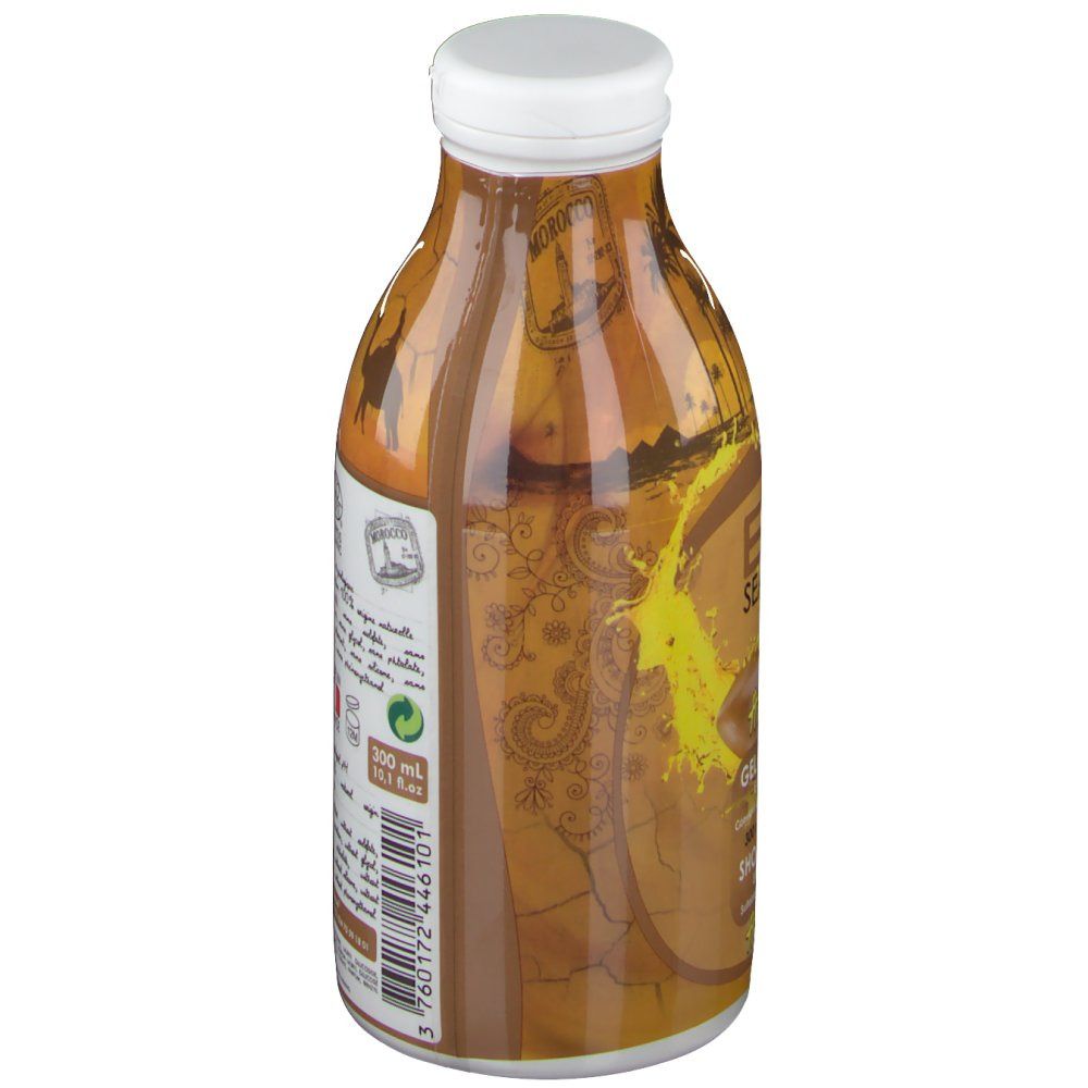 Flacon marron avec bouchon blanc. Inscription Gel Douche Arganöl. Certification EcoCert. 300 ml.