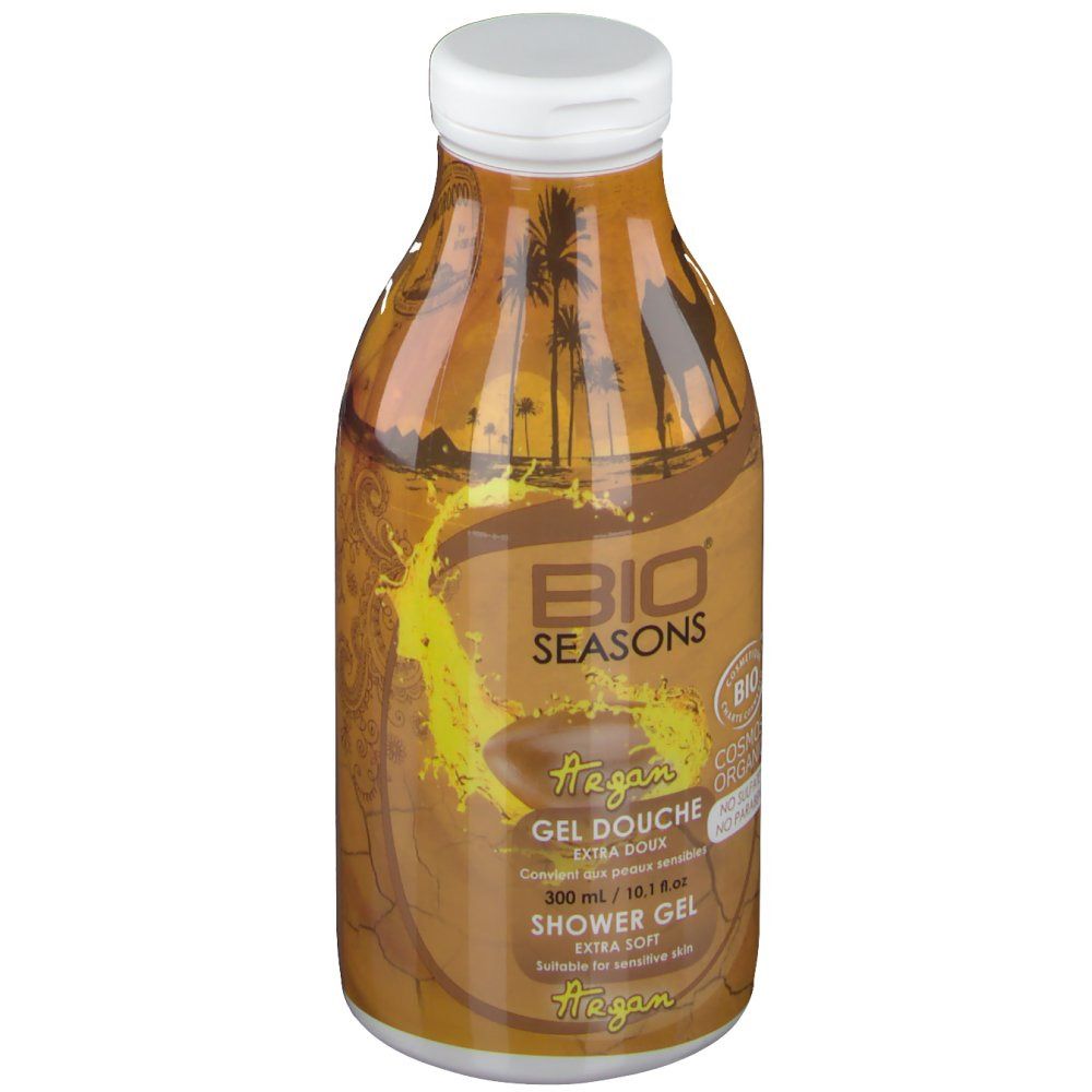 Flacon marron avec bouchon blanc. Inscription Bio Seasons Arganöl Gel Douche. 300 ml. Pour peaux sensibles.