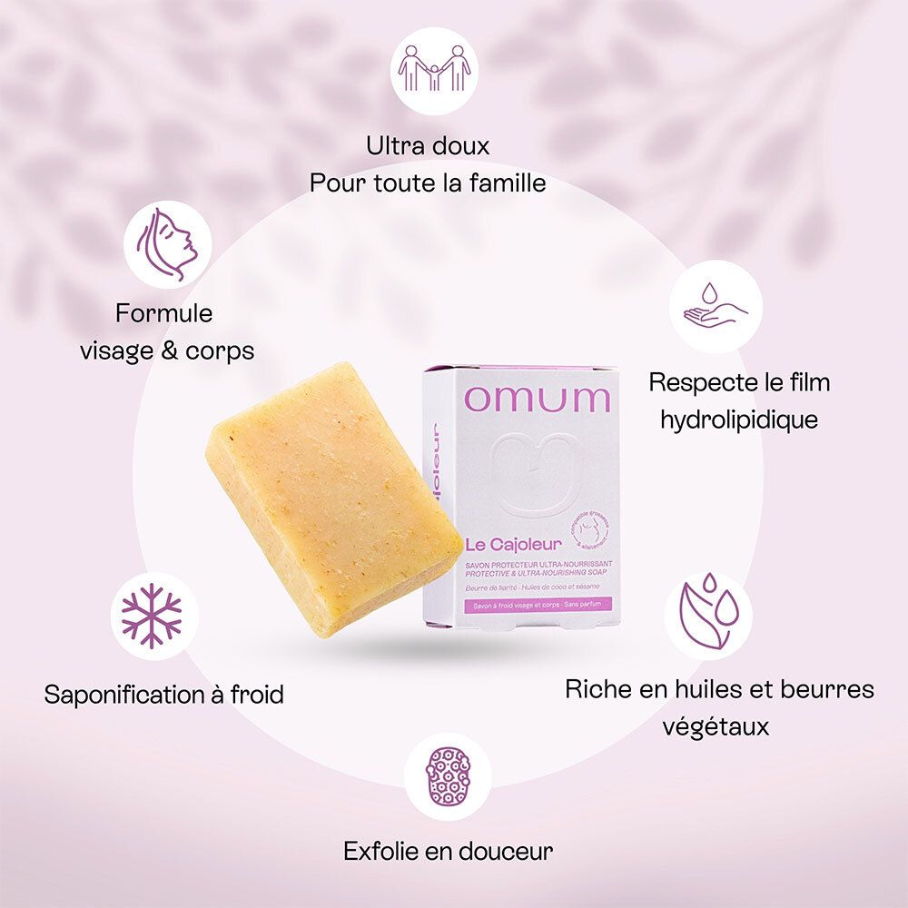 Savon jaunâtre et emballage. Texte : Formule visage & corps, saponification à froid, riche en huiles et beurres végétaux.