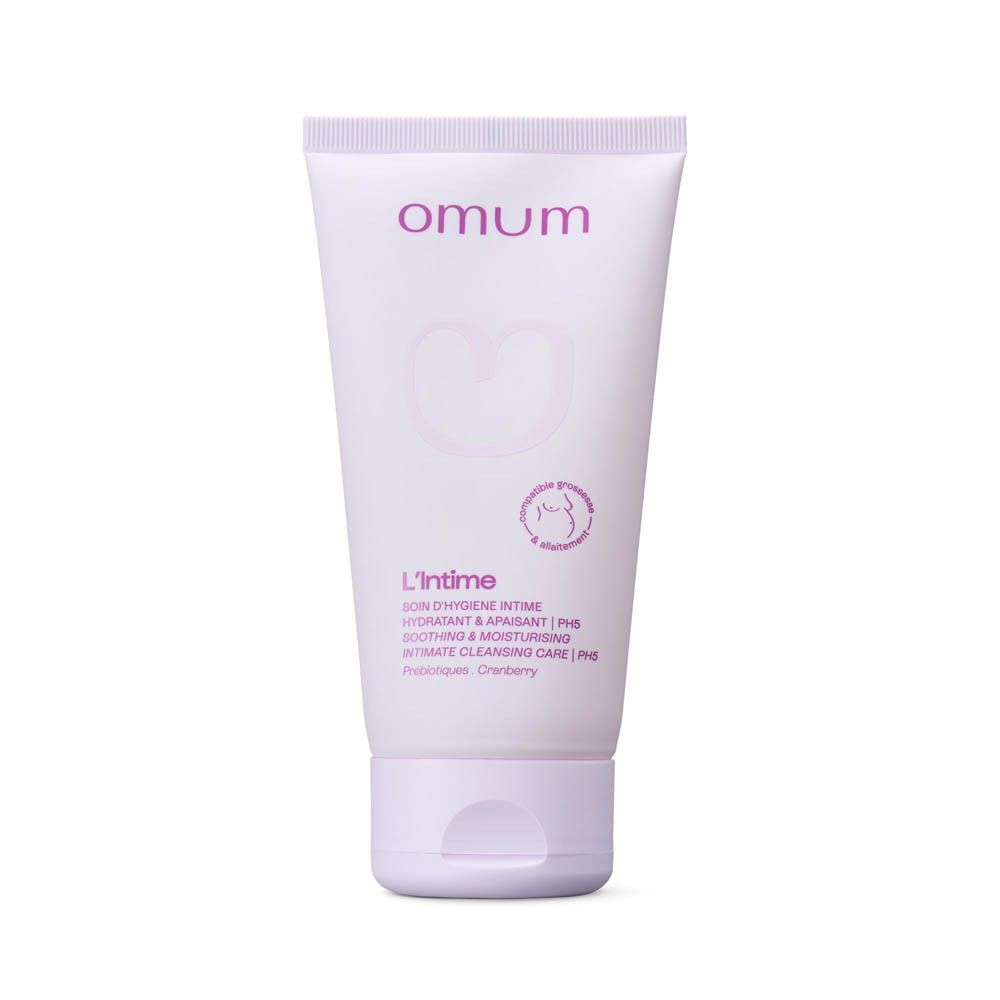 Witte tube met productnaam en logo. Tekst: 'L'Intime' en 'Soothing & Moisturising Intimate Cleansing Care'.