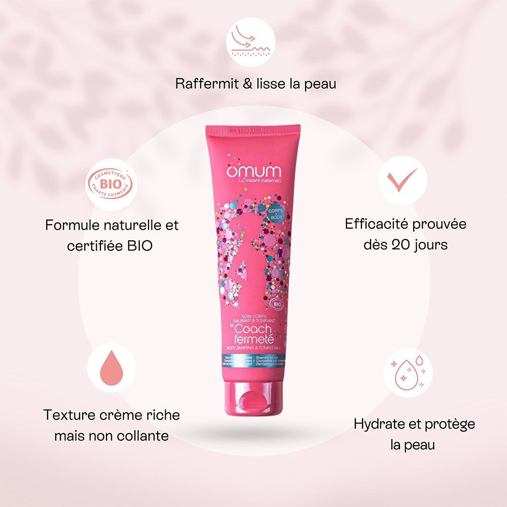 Tube rose avec icônes. Texte: Raffermit & lisse la peau, Formule naturelle et certifiée BIO, Efficacité prouvée dès 20 jours.