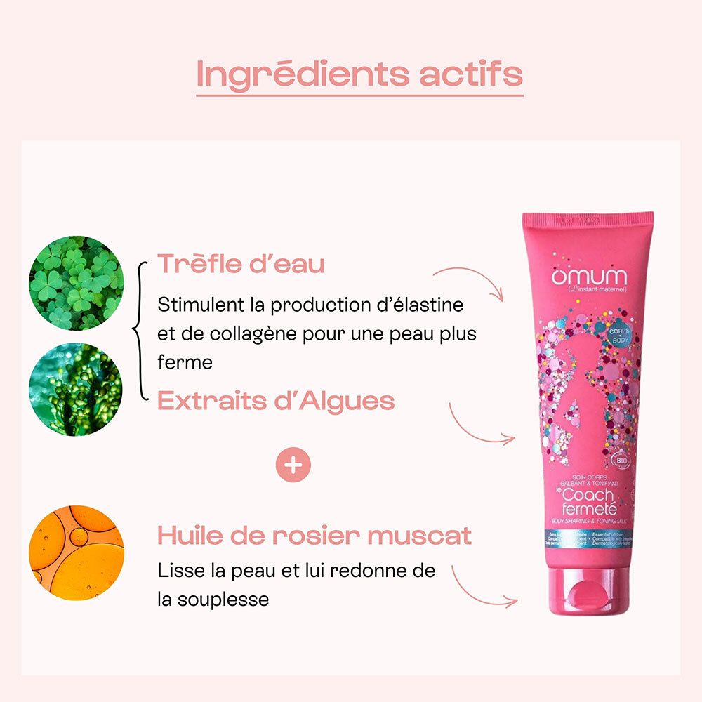 Ingrédients: Trèfle d'eau, Extraits d'Algues, Huile de rosier muscat. Tube rose en arrière-plan.