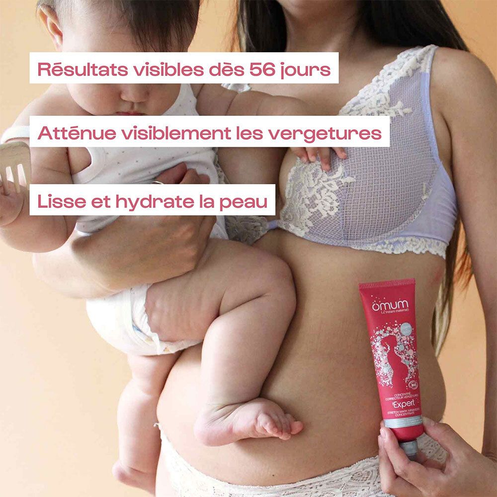 Femme avec bébé. Femme tenant un tube. Nom du produit: Expert. Texte: résultats après 56 jours.