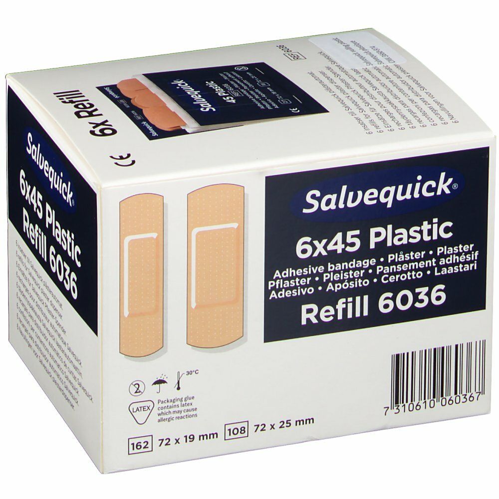 Salvequick 6x45 Plastic Refill 6036. Doos met pleisters. Opschrift: Adhesive bandage, Pflaster, Pansement adhésif, Apósito, Cerotto, Laastari.