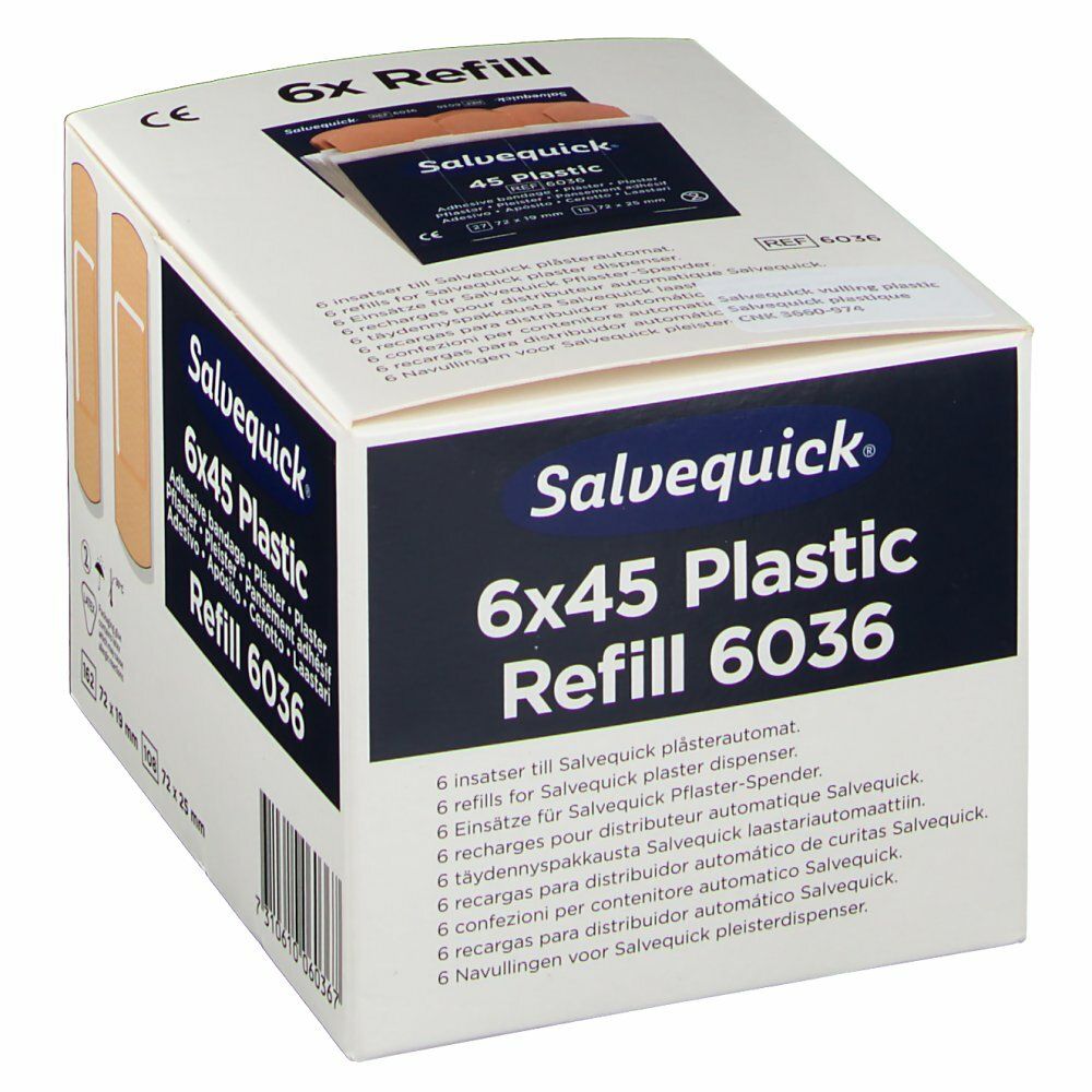 Salvequick 6x45 Plastic Refill 6036. Doos met pleisters. Opschrift: 6 refills for Salvequick plaster dispenser.