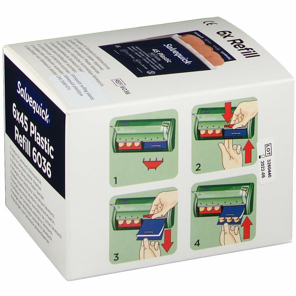 Salvequick 6x45 Plastic Refill 6036. Doos met pleisters. Illustraties voor gebruik. Opschrift: 6 refills for Salvequick plaster dispenser.