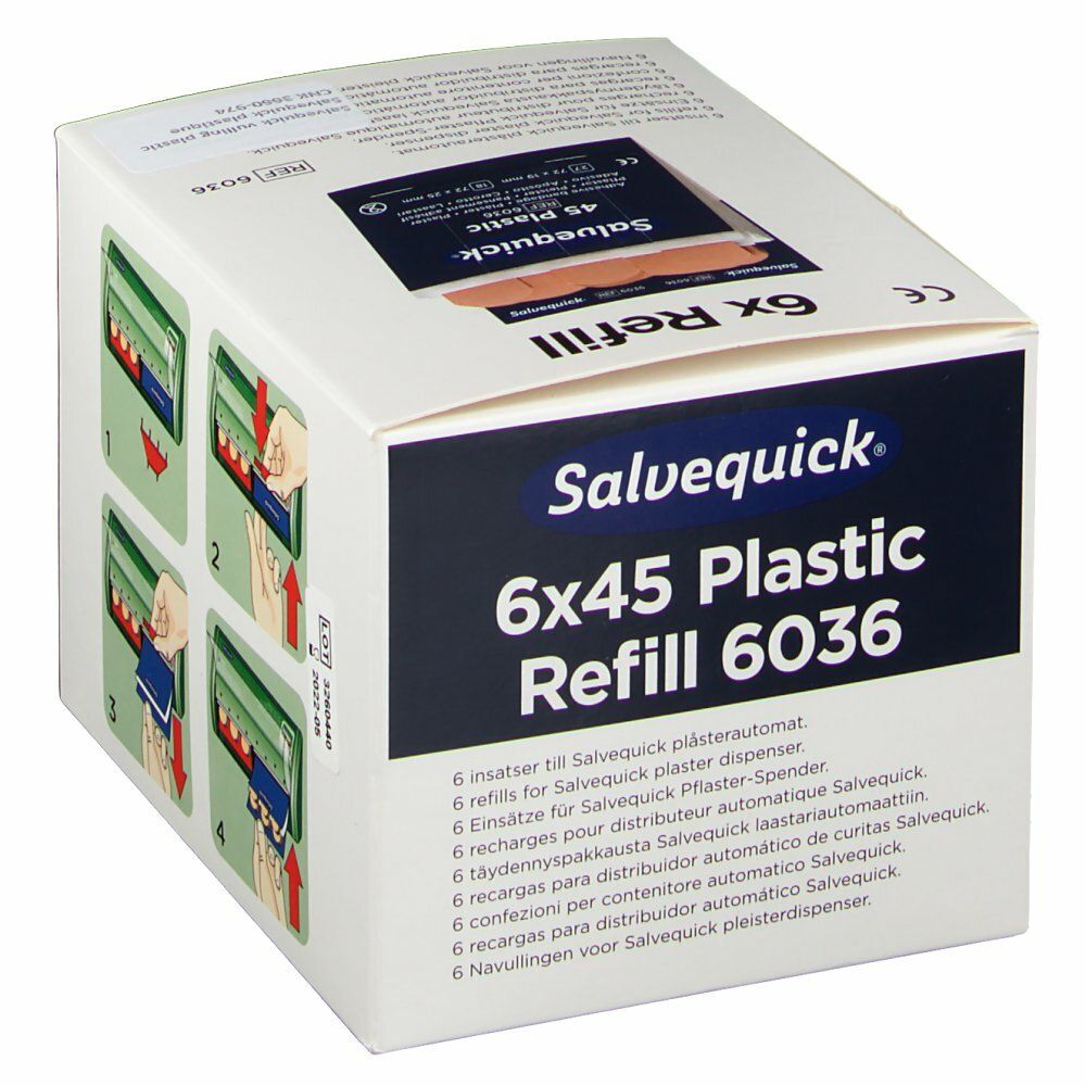 Salvequick 6x45 Plastic Refill 6036. Doos met pleisters. Illustraties voor gebruik. Opschrift: 6 refills for Salvequick plaster dispenser.