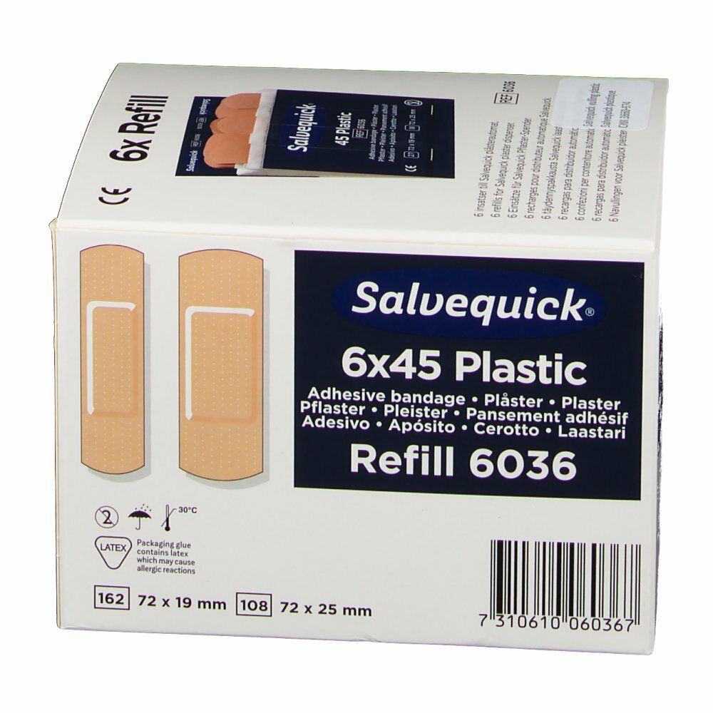 Salvequick 6x45 Plastic Refill 6036. Doos met pleisters. Opschrift: Adhesive bandage, Pflaster, Pansement adhésif, Apósito, Cerotto, Laastari. Afmetingen.