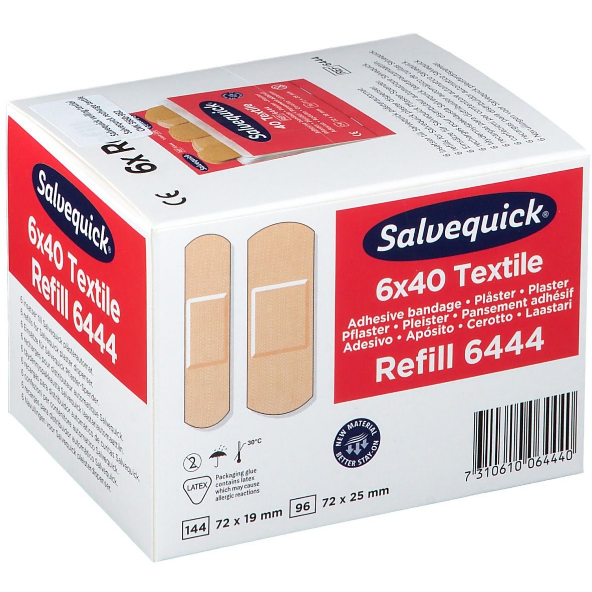 Doosje Salvequick Texitilpflaster navulverpakking. Opschriften: 6x40 Textile, Refill 6444, pleisterafbeelding, maatindicaties.