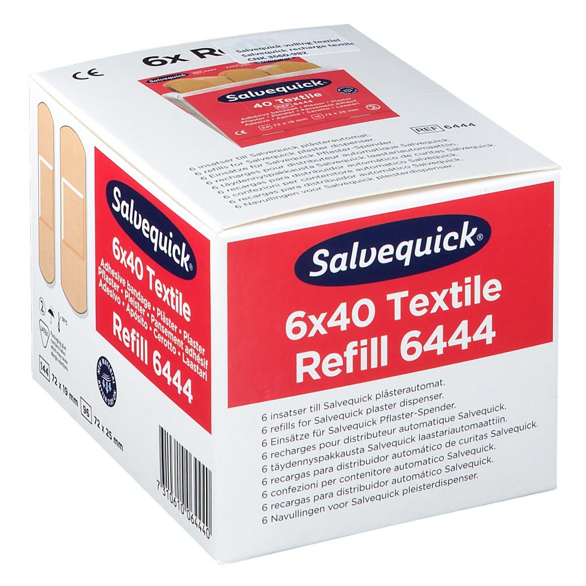 Doosje Salvequick Texitilpflaster navulverpakking. Opschriften: 6x40 Textile, Refill 6444, meertalige tekst.