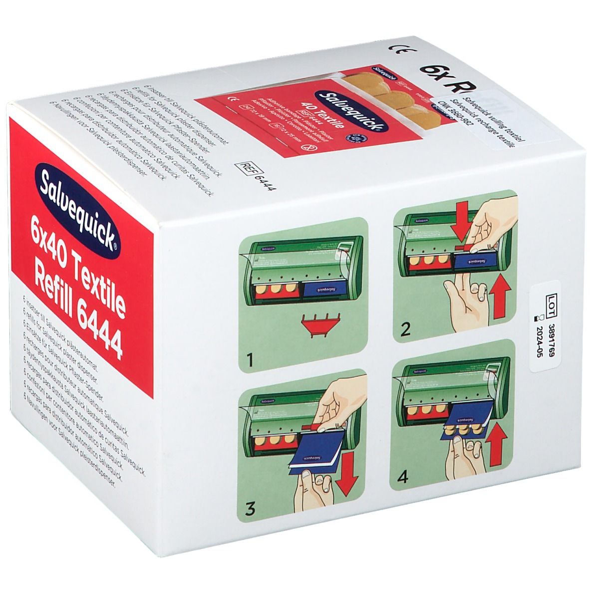 Doosje Salvequick Texitilpflaster navulverpakking. Illustratie van het verwijderen van pleisters uit de dispenser.