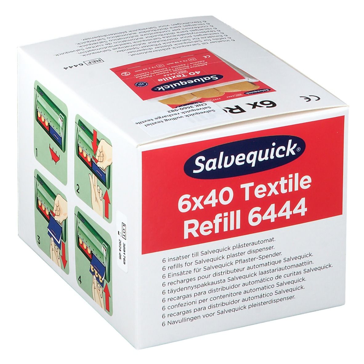 Doosje Salvequick Texitilpflaster navulverpakking. Illustratie van het verwijderen van pleisters uit de dispenser.