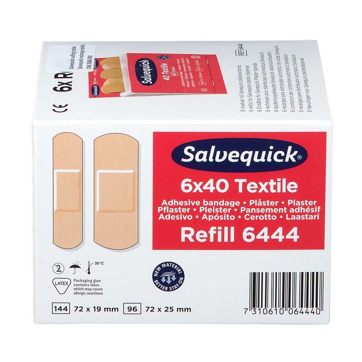 Doosje Salvequick Texitilpflaster navulverpakking. Opschriften: 6x40 Textile, Refill 6444, pleisterafbeelding, maatindicaties.