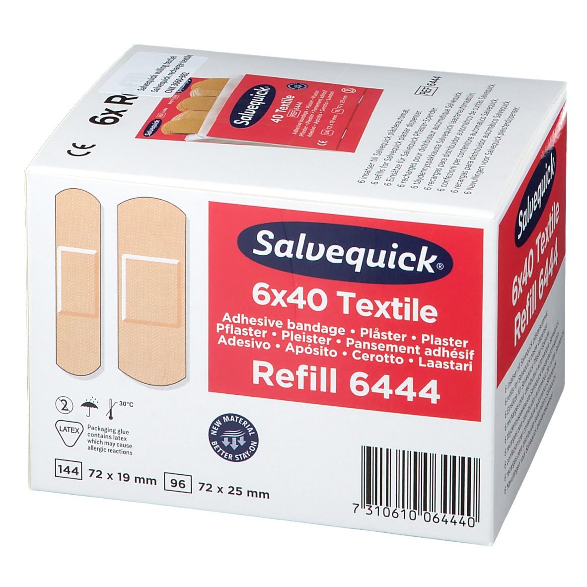 Doosje Salvequick Texitilpflaster navulverpakking. Opschriften: 6x40 Textile, Refill 6444, pleisterafbeelding, maatindicaties.