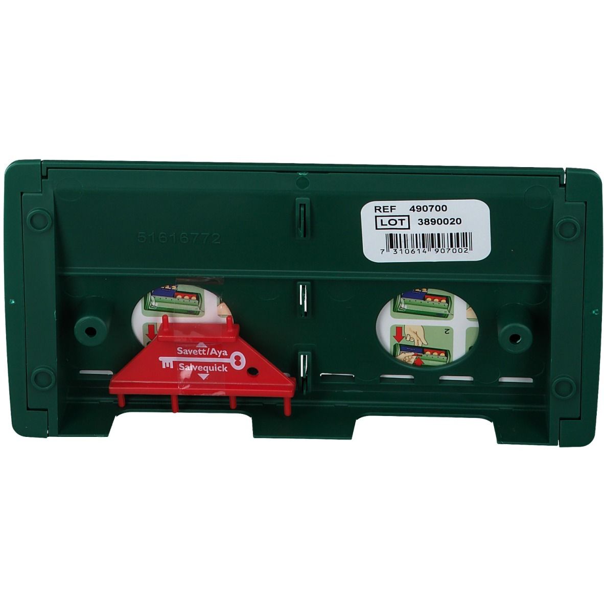 Dos du distributeur Salvequick. Vert, avec découpes et système de retrait rouge. Étiquette avec référence et numéro de lot.