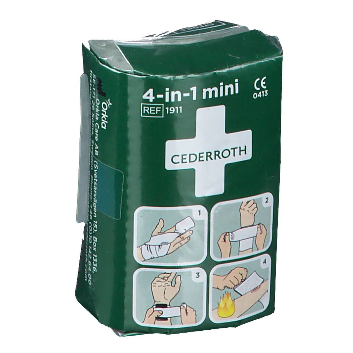 Groene verpakking met wit kruis en tekst. Illustraties van gebruik. Productnaam: Cederroth 4-in-1 mini.