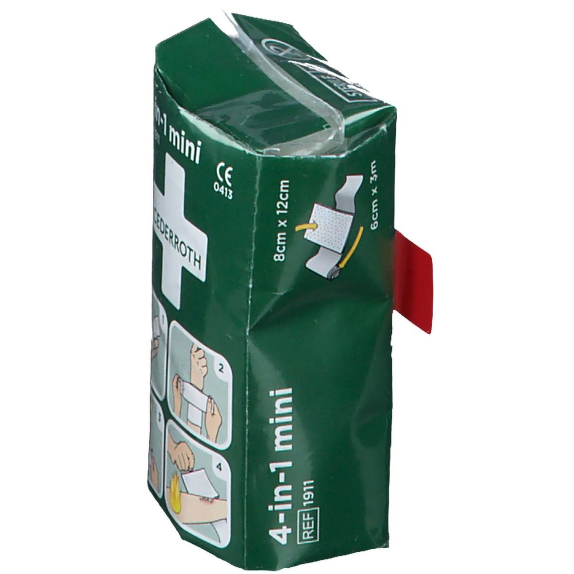 Zijaanzicht van groene verpakking. Bevat verbandmateriaal. Productnaam: Cederroth 4-in-1 mini. Afmetingen: 8cm x 12cm, 6cm x 3m.