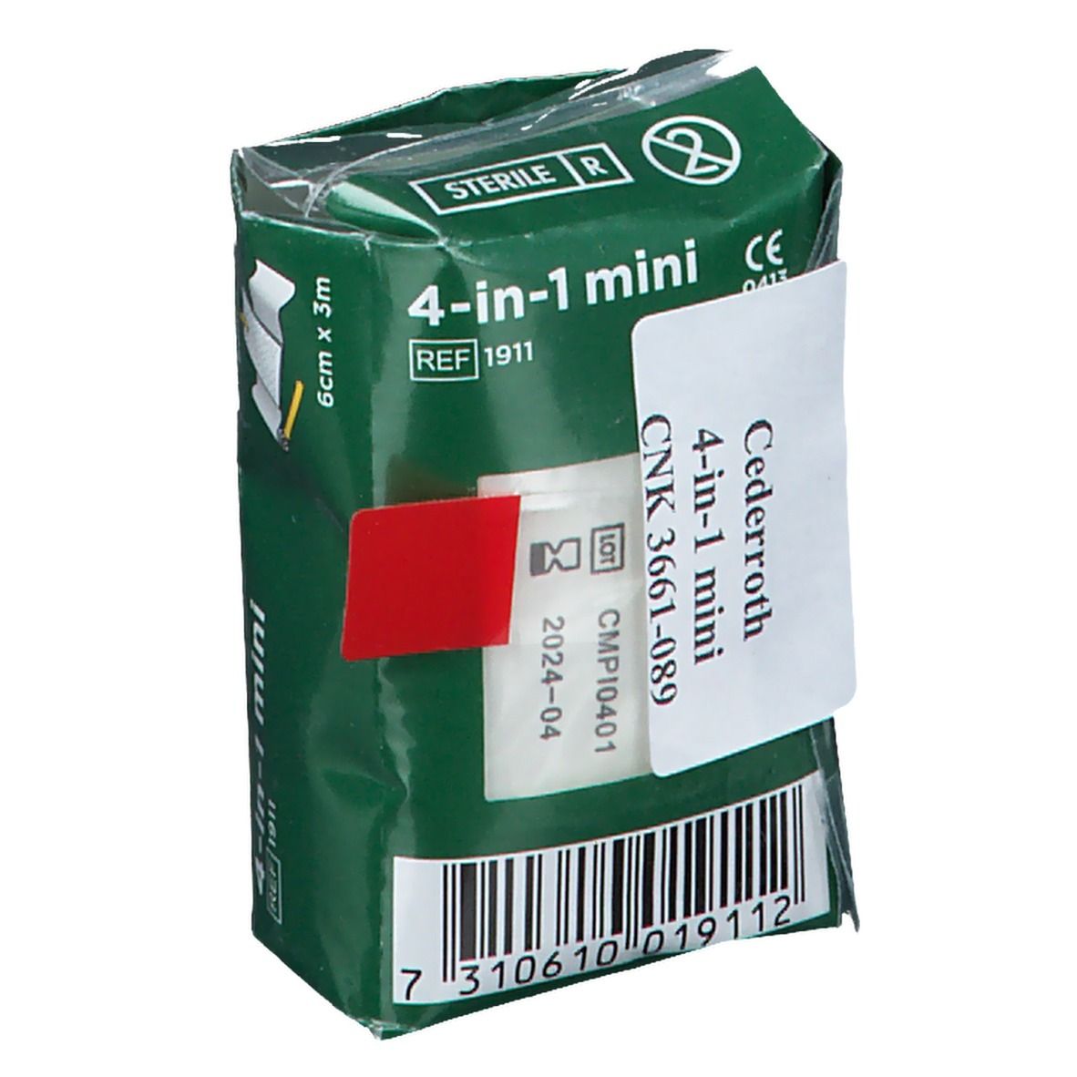 Groene verpakking met etiket. Productnaam: Cederroth 4-in-1 mini. Bevat verbandmateriaal. Steriel label. Barcode.