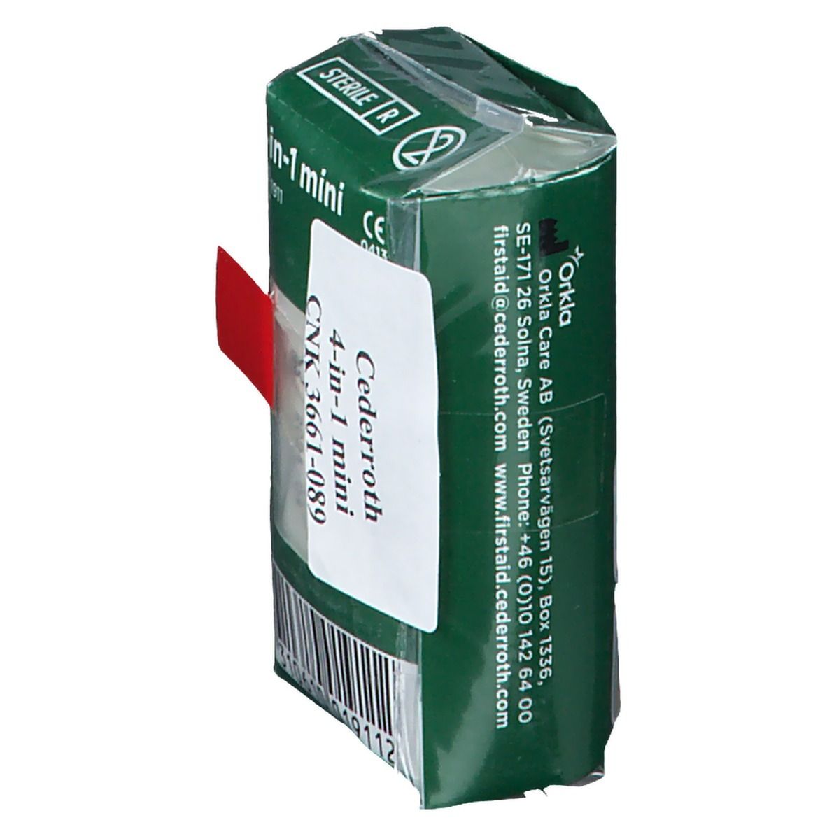 Achterkant van groene verpakking met etiket. Productnaam: Cederroth 4-in-1 mini. Fabrikantinformatie. Steriel label.