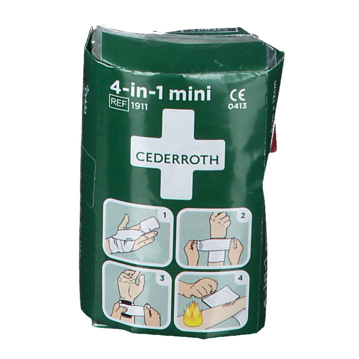 Groene verpakking met wit kruis en tekst. Illustraties van gebruik. Productnaam: Cederroth 4-in-1 mini.