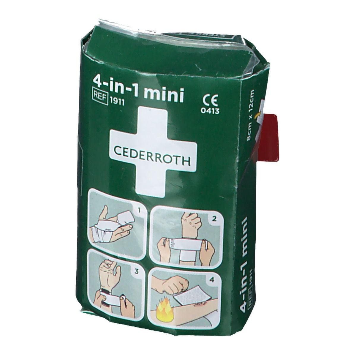Groene verpakking met wit kruis en tekst. Illustraties van gebruik. Productnaam: Cederroth 4-in-1 mini. Afmetingen: 8cm x 12cm.