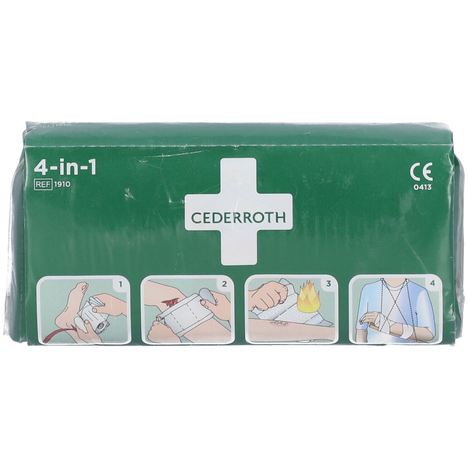Emballage vert Cederroth 4-en-1. Croix blanche. Illustrations d'utilisation. Référence 1910. Marque CE.