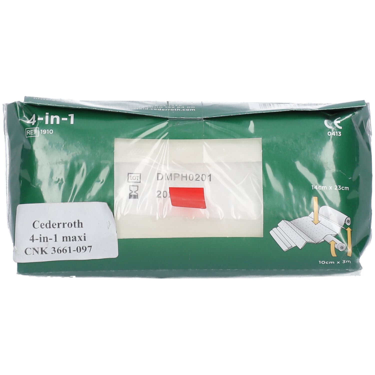 Emballage Cederroth 4-en-1 maxi. Matériau de bandage visible. Dimensions : 14 cm x 23 cm. Rouleau 10 cm x 3 m.