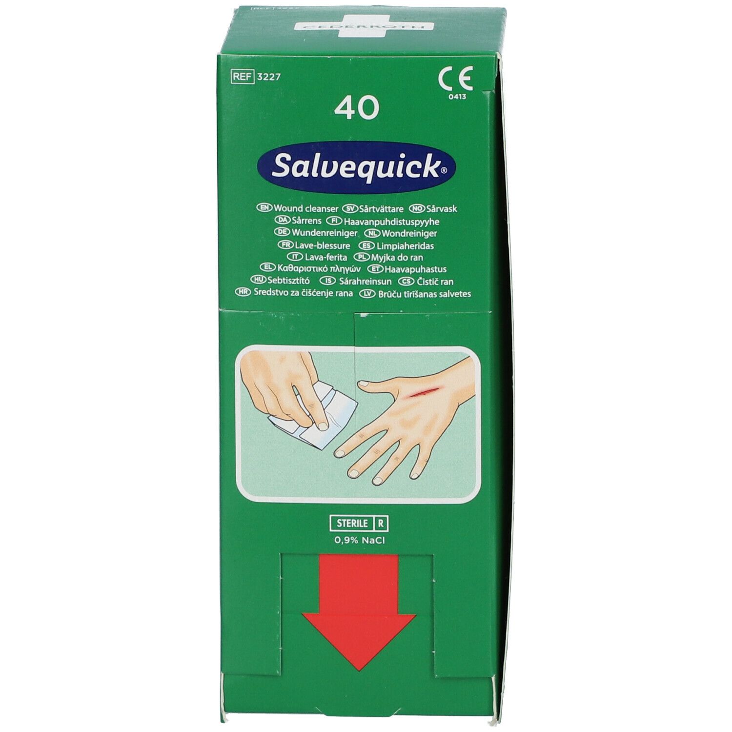 Boîte verte "Salvequick" avec informations produit. Contient 40 nettoyants pour plaies stériles. Illustration d'une main avec une blessure.