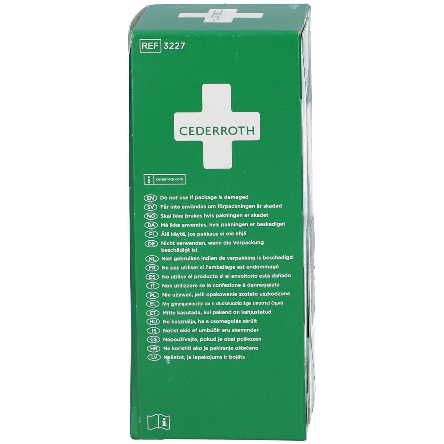 Boîte verte avec croix blanche et logo "CEDERROTH". Instructions textuelles en plusieurs langues concernant l'utilisation.