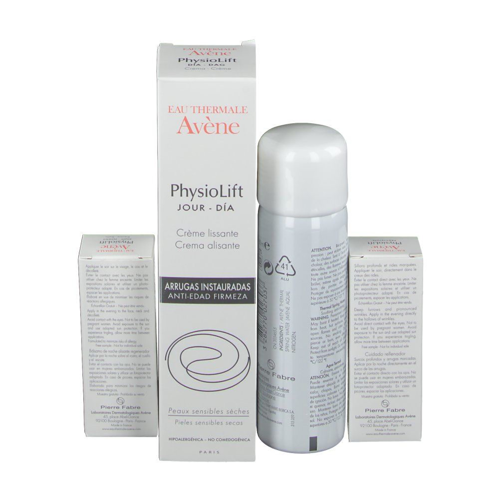 Een fles en twee dozen. Op de fles staat "Eau Thermale Avène". Op de dozen staat "Physiolift".