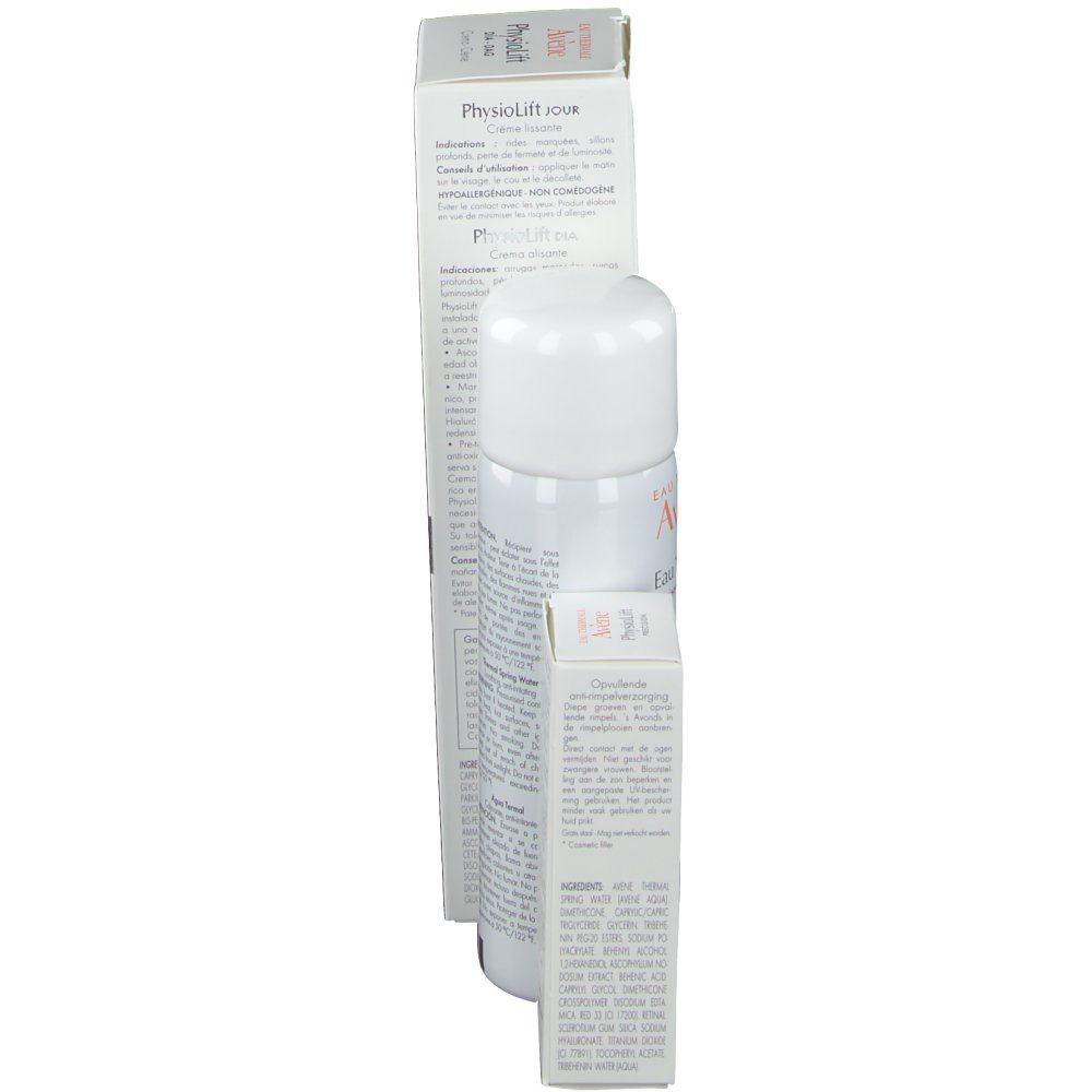 Een fles en twee dozen. Op de fles staat "Eau Thermale Avène". Op de dozen staat "Physiolift".
