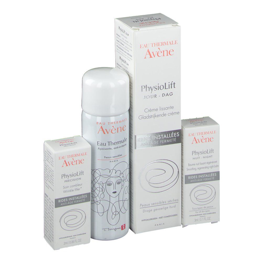 Een fles en twee dozen. Op de fles staat "Eau Thermale Avène". Op de dozen staat "Physiolift".