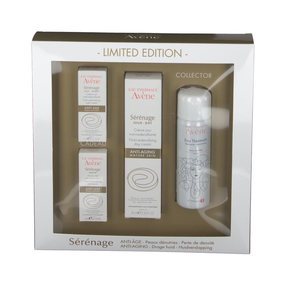 Coffret cadeau Sérénage. Contient crèmes et spray. Emballage avec fenêtre transparente. Inscriptions: Sérénage, Anti-Âge.