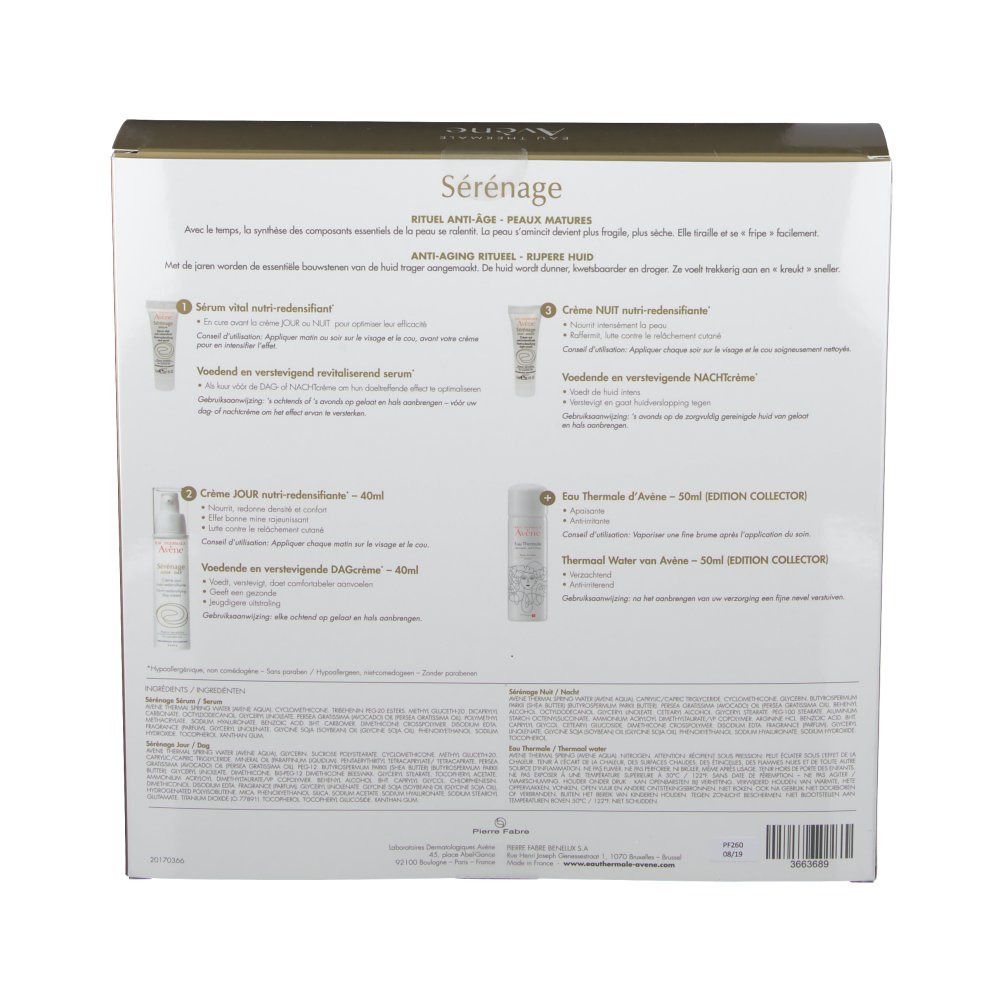 Dos du coffret cadeau. Texte multilingue. Contient informations et ingrédients des produits.