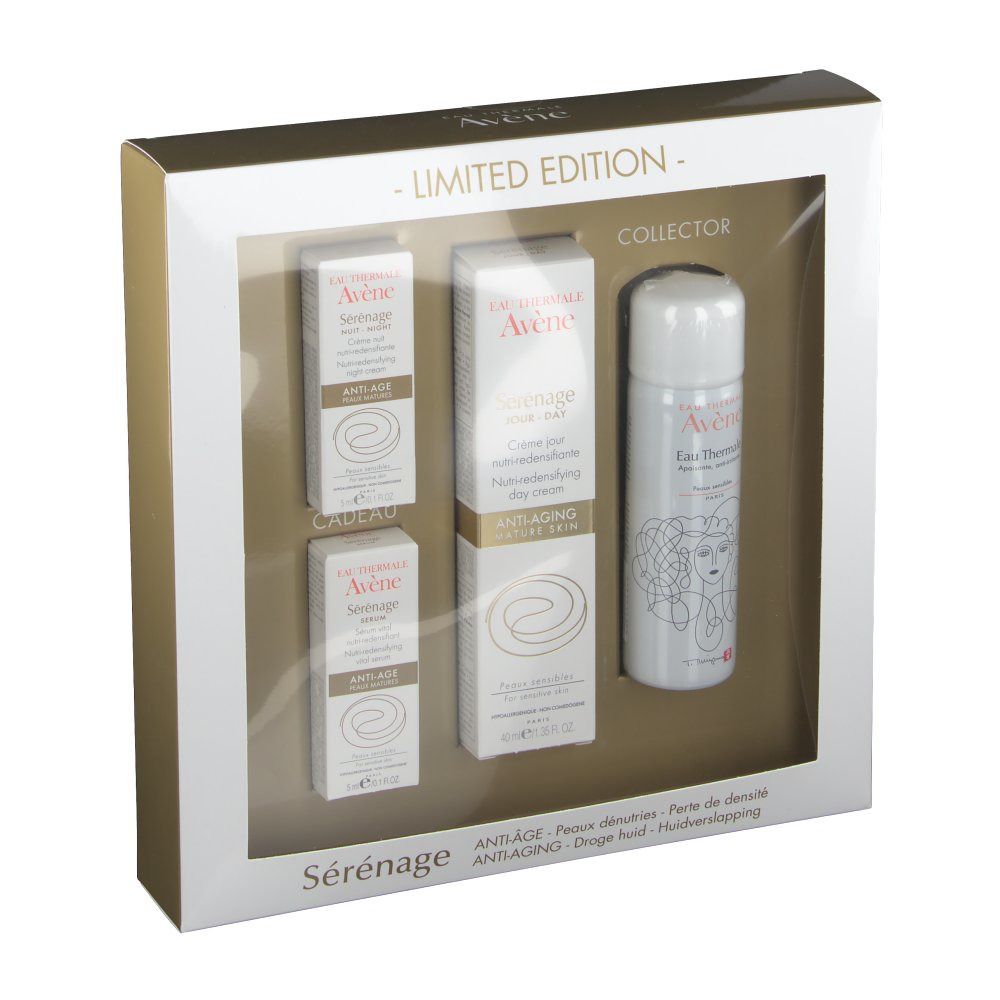 Coffret cadeau Sérénage. Contient crèmes et spray. Emballage avec fenêtre transparente. Inscriptions: Sérénage, Anti-Âge.