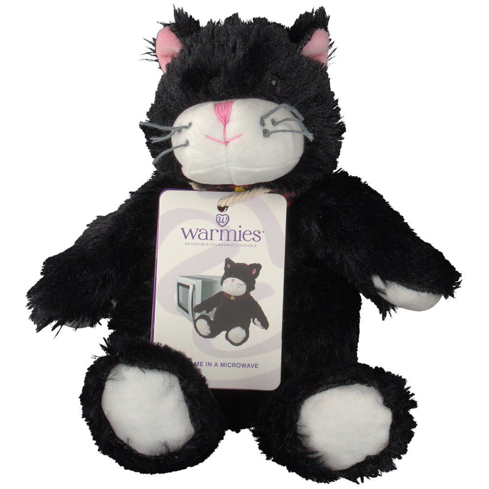 Chat noir en peluche avec visage et pattes blancs. Étiquette avec logo et image du produit. Étiquette avec le logo "Warmies".