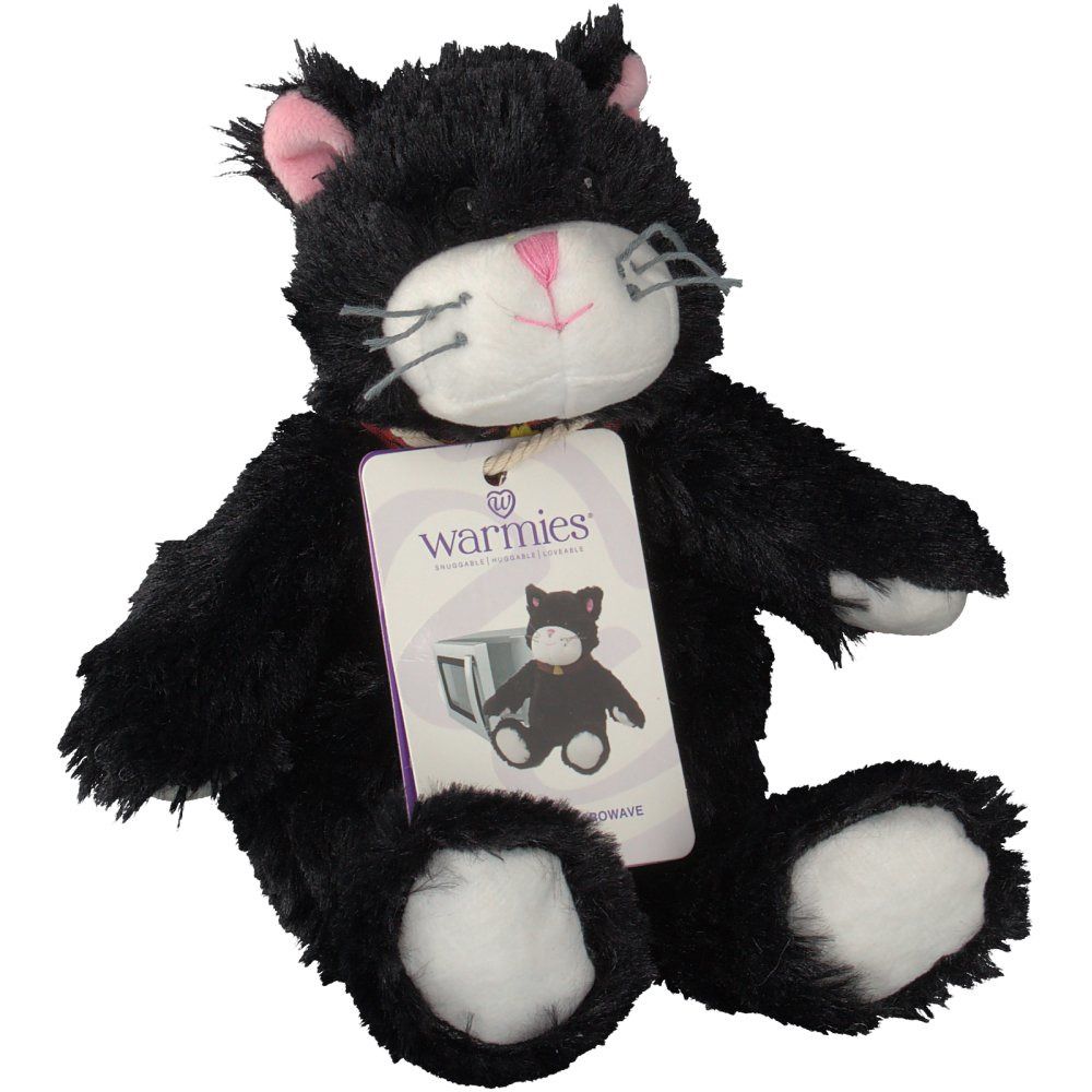 Chat noir en peluche avec visage et pattes blancs. Étiquette avec logo et image du produit. Étiquette avec le logo "Warmies".