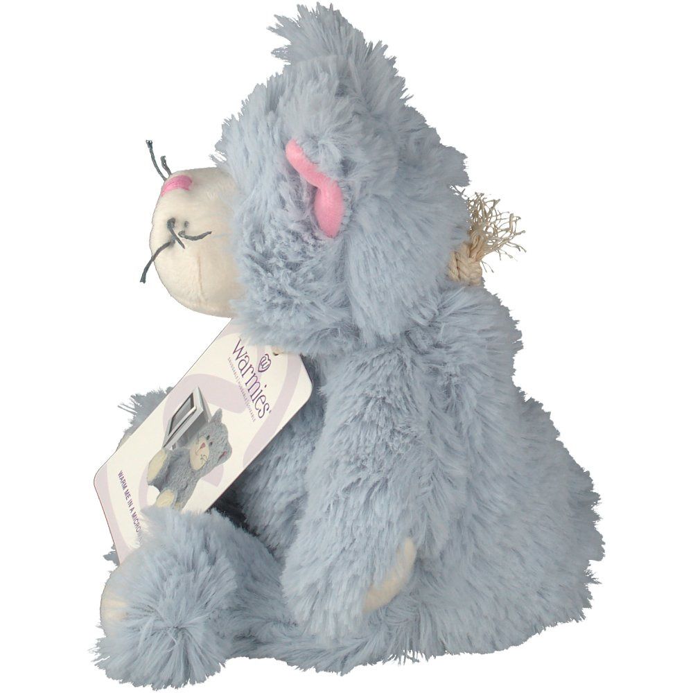 Chat en peluche gris, vue latérale. Oreille rose, étiquette avec logo. Texte : "Warmies".