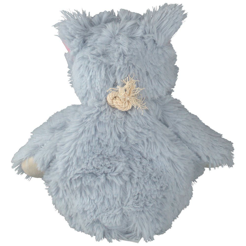 Vue arrière d'un chat en peluche gris. Nœud beige dans le cou.