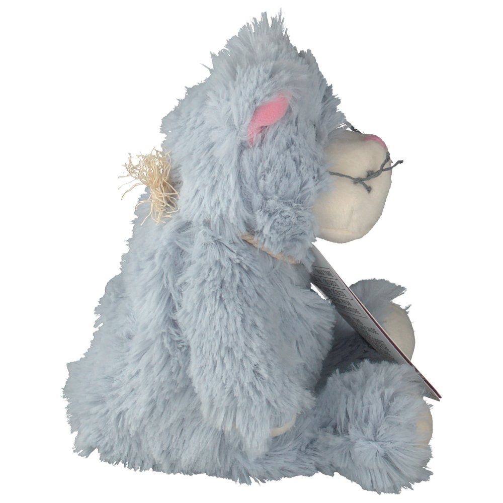 Chat en peluche gris, vue latérale. Oreille rose, étiquette avec logo. Texte : "Warmies".