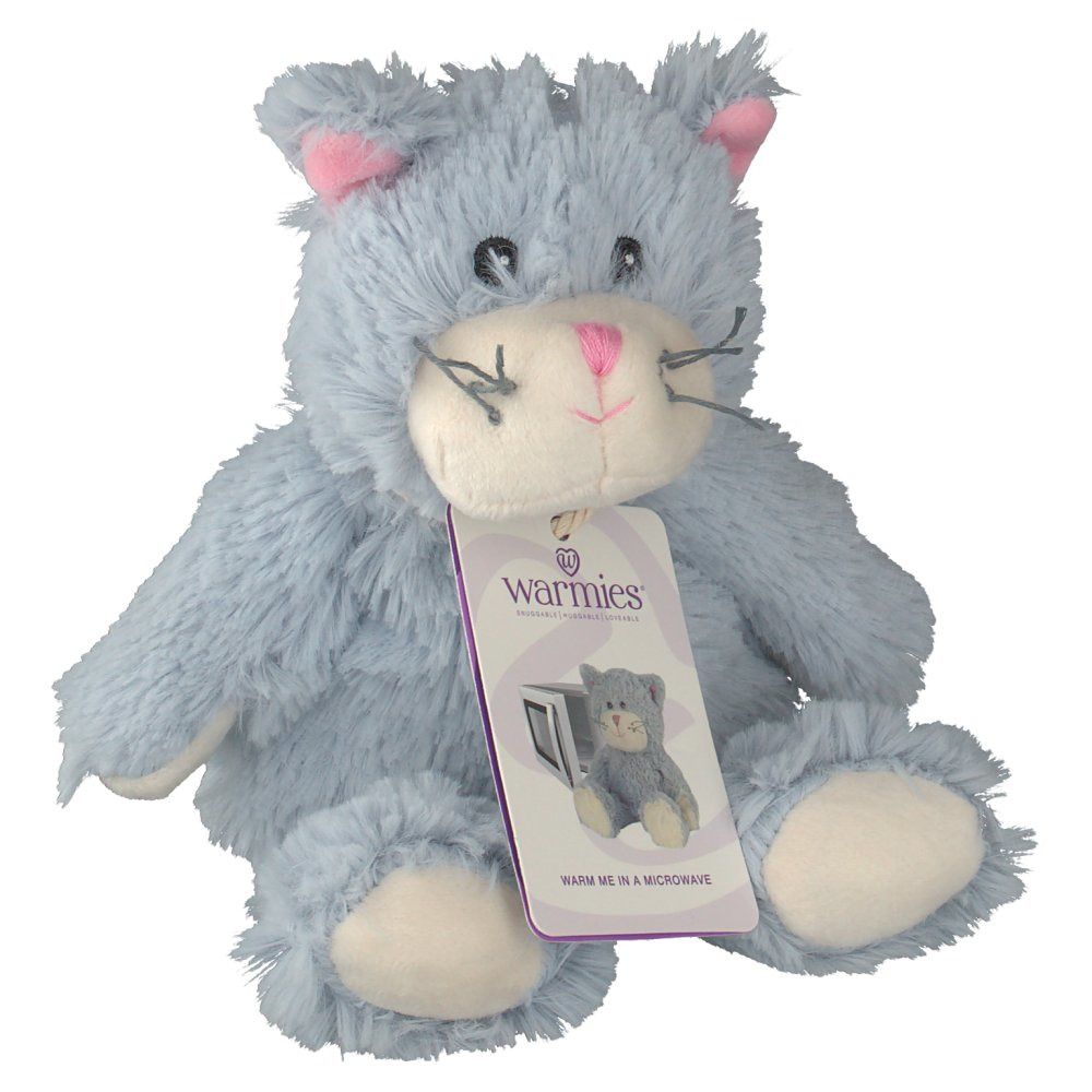 Chat en peluche gris avec oreilles et nez roses. Étiquette avec logo et image du produit. Texte : "Warmies".