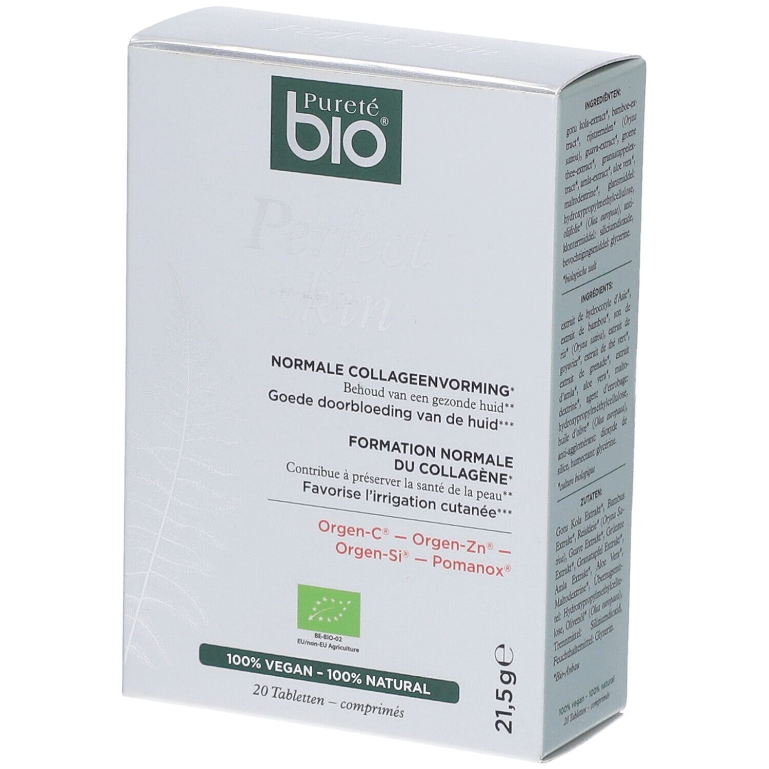 Doosje Pureté Bio Perfect Skin. Bevat informatie en 20 tabletten. Met bio-keurmerk.