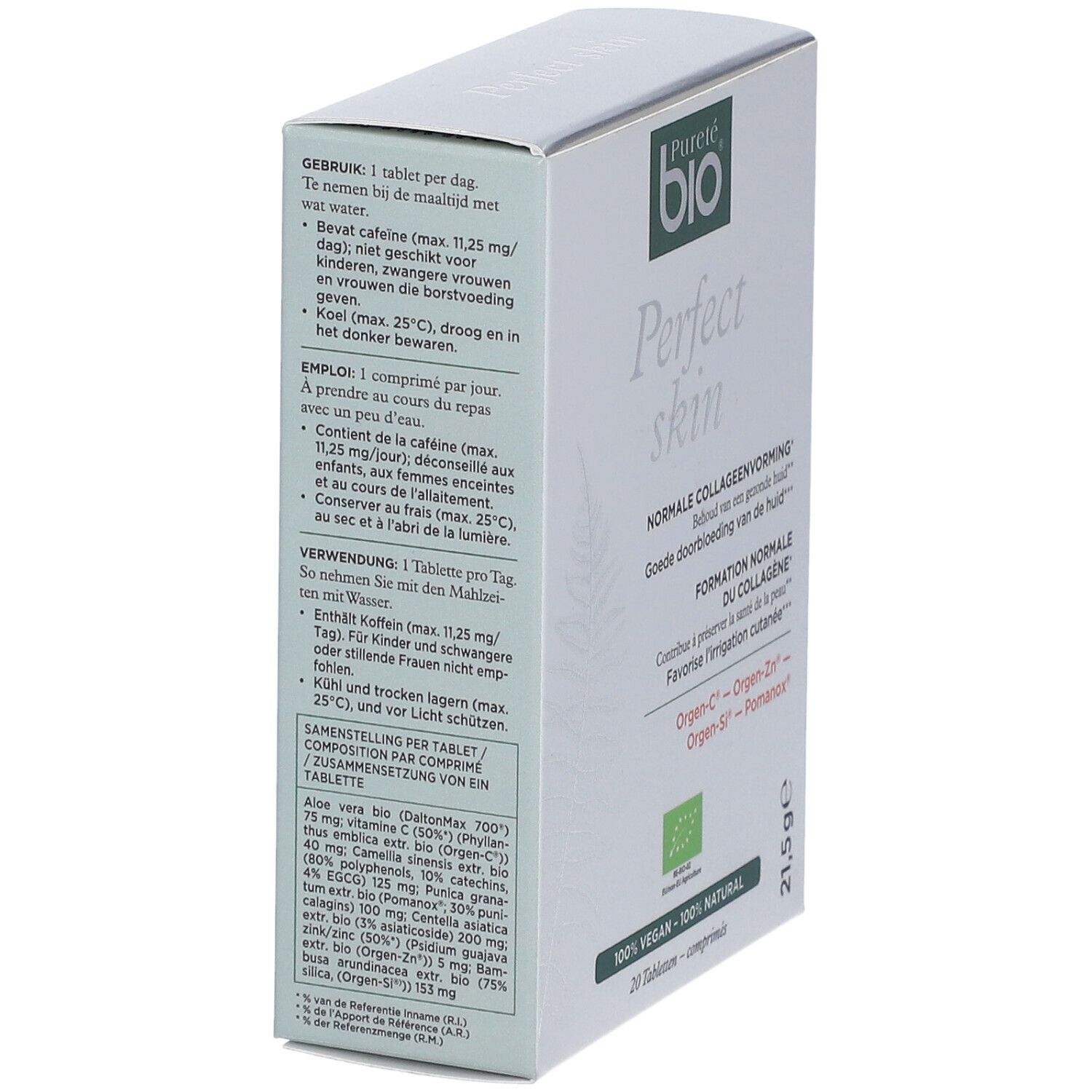 Achterkant doosje Pureté Bio Perfect Skin. Bevat informatie en ingrediënten. 20 tabletten.