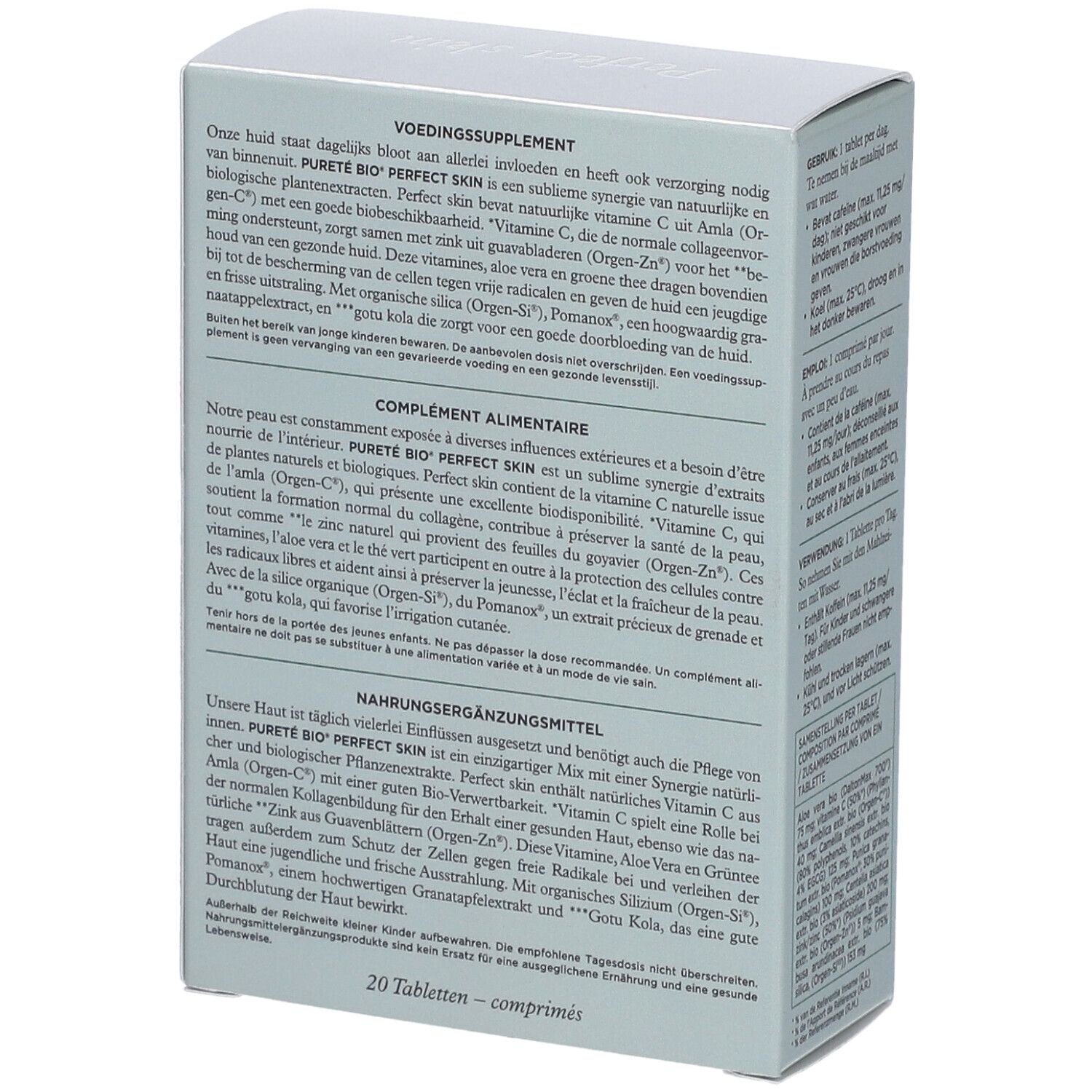 Achterkant verpakking Pureté Bio Perfect Skin. Meertalige tekst. 20 tabletten.